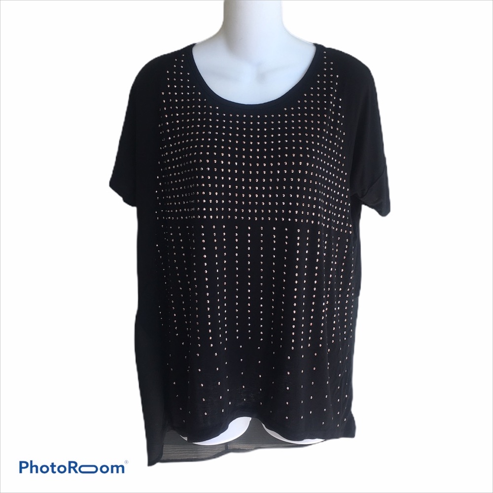 NY & Company Black Studded Top T- Shirt Sm Sheer Inserts in Back Viscose Blend